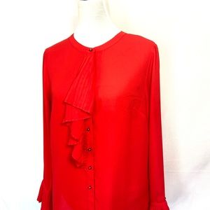 EVA LONGORIA Womens Size M Blouse Red Bell Sleeves Ruffle Button Down